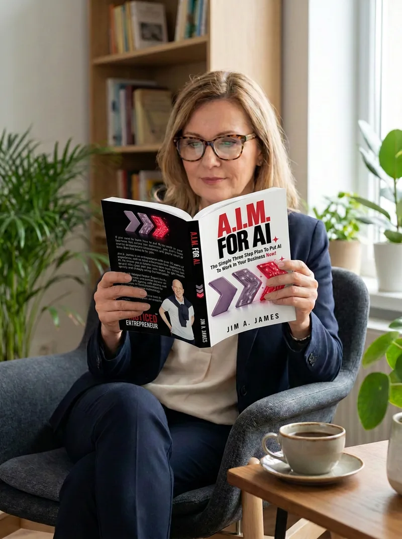A reader with a copy of A.I.M. for AI